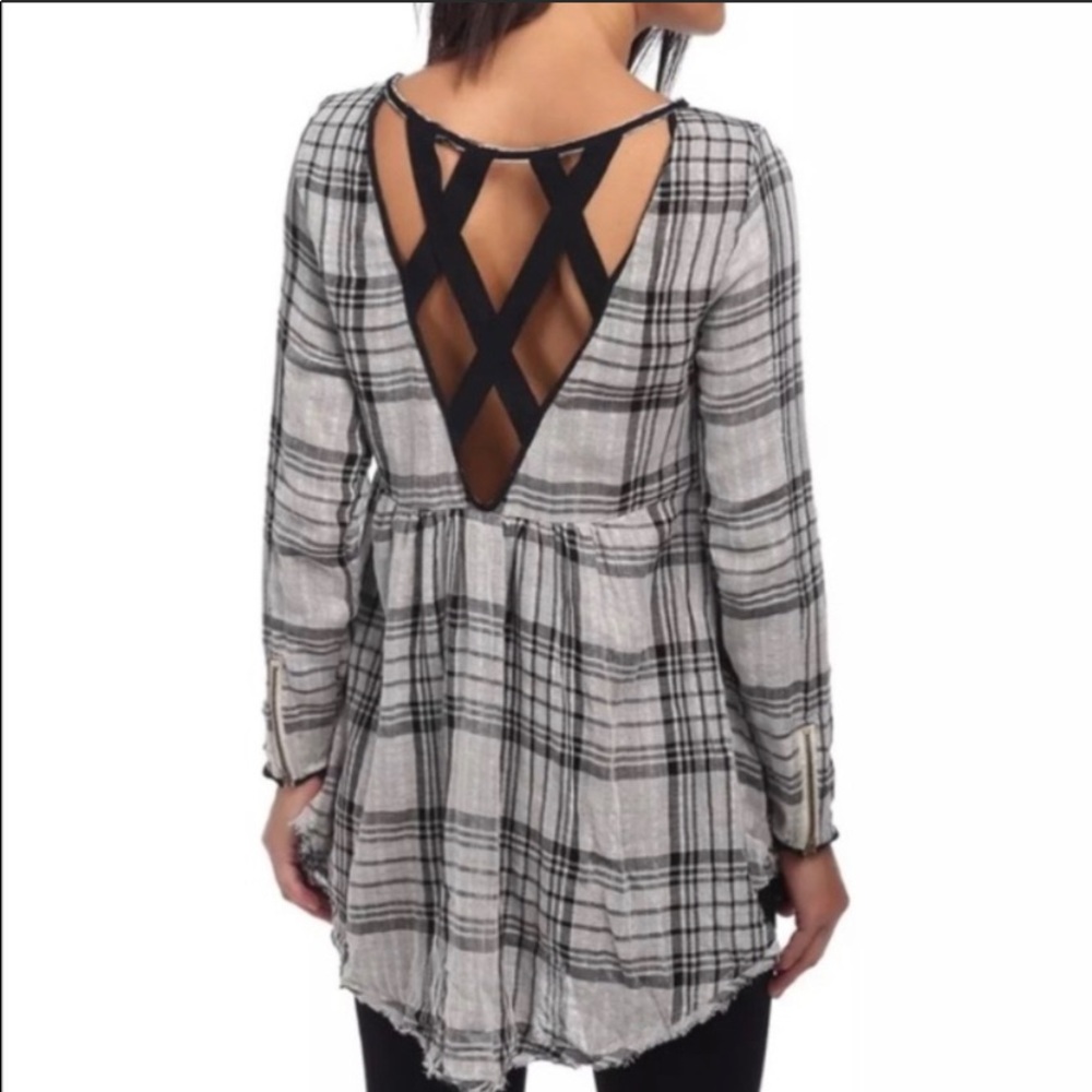 FREE PEOPLE Plaid Crisscross Back Top Size Small